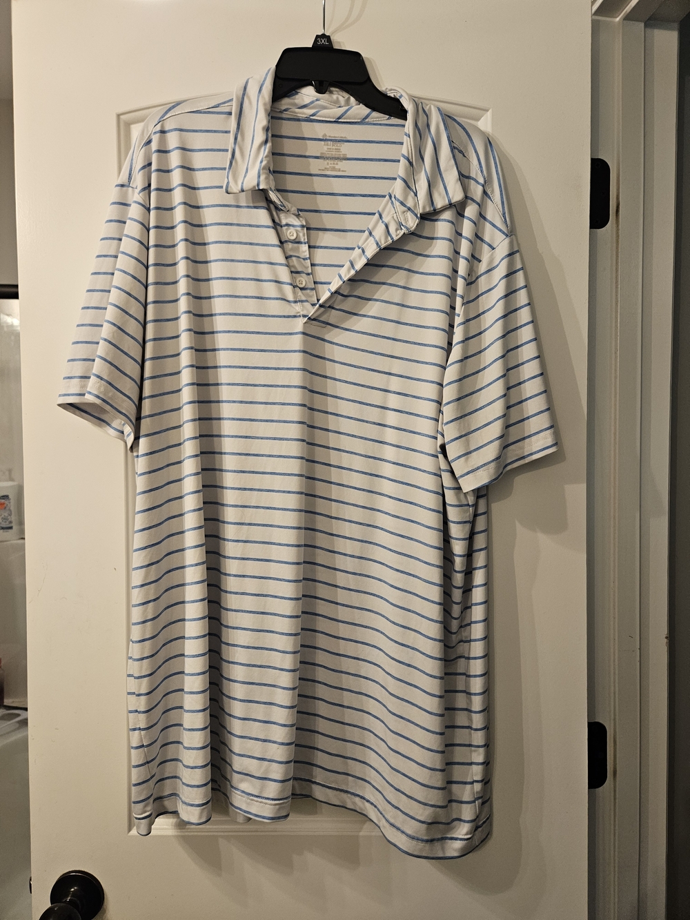 Men's White Polo with Light Blue Stripes - Casual Button Placket